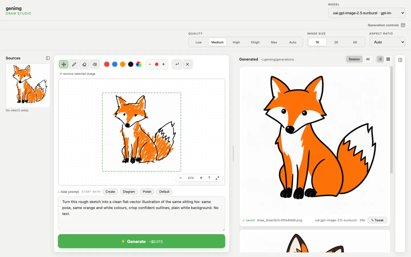 Draw Studio with a rough fox doodle on the canvas and the clean fox illustration GPT Image 2.5 made from it in the Generated panel