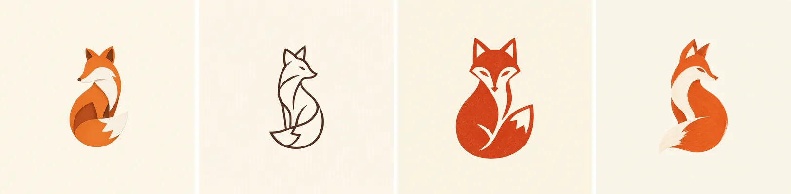 Four fox logos: base prompt, line art, block print, brush stroke