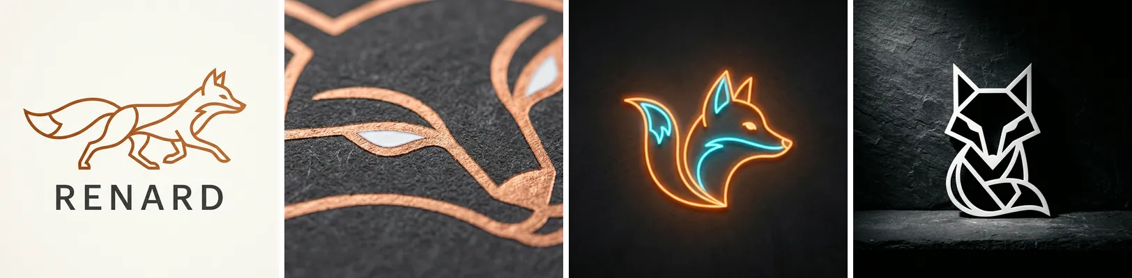 Four varied fox logos: a wordmark, a copper close-up, a neon sign, a white cut-out on slate