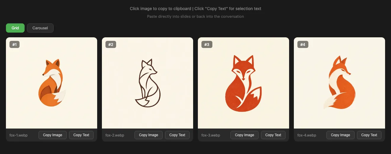 Grid view of four fox logos with copy buttons