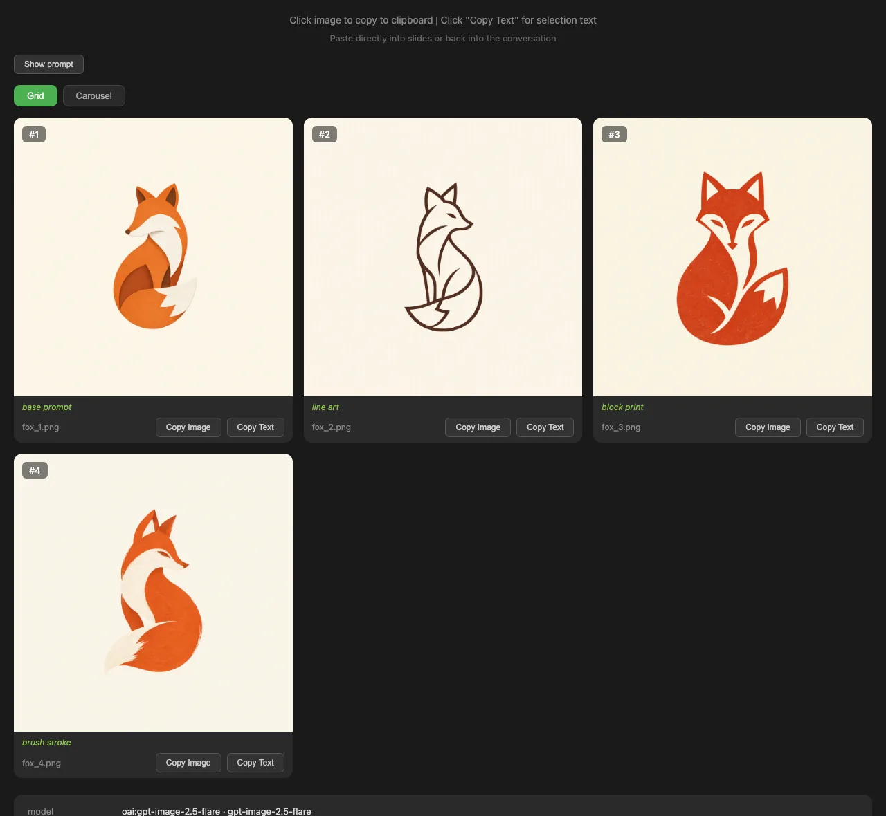 The HTML grid genimg opened: four fox logos labelled base prompt, line art, block print and brush stroke